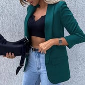 Jachetă de costum pentru femei, mânecă lungă, buzunare cu clapetă, imprimeu în carouri, elegant, serviciu de birou, rever, cardigan deschis, blazer, îmbrăcăminte exterioară