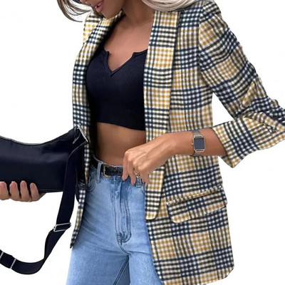 Jachetă de costum pentru femei, mânecă lungă, buzunare cu clapetă, imprimeu în carouri, elegant, serviciu de birou, rever, cardigan deschis, blazer, îmbrăcăminte exterioară