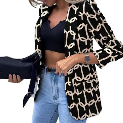Jachetă de costum pentru femei, mânecă lungă, buzunare cu clapetă, imprimeu în carouri, elegant, serviciu de birou, rever, cardigan deschis, blazer, îmbrăcăminte exterioară