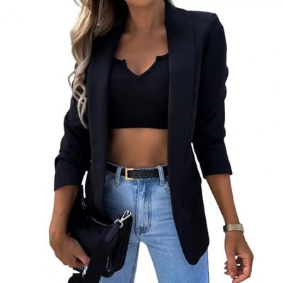 Jachetă de costum pentru femei, mânecă lungă, buzunare cu clapetă, imprimeu în carouri, elegant, serviciu de birou, rever, cardigan deschis, blazer, îmbrăcăminte exterioară