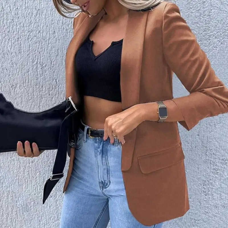 Jachetă de costum pentru femei, mânecă lungă, buzunare cu clapetă, imprimeu în carouri, elegant, serviciu de birou, rever, cardigan deschis, blazer, îmbrăcăminte exterioară