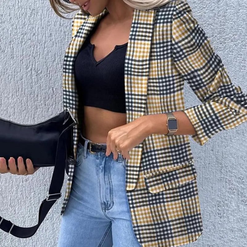 Jachetă de costum pentru femei, mânecă lungă, buzunare cu clapetă, imprimeu în carouri, elegant, serviciu de birou, rever, cardigan deschis, blazer, îmbrăcăminte exterioară