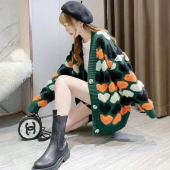 Свободно и мързеливо палто с пуловер Дамска есенно-зимна удебелена нова корейска версия 2023 г. Универсална дълга плетена жилетка