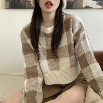 Скъсен пуловер Корейски пуловер с кариран печат в стил О-образно деколте Дамски прости сладки пуловери за жени Студентски пуловер