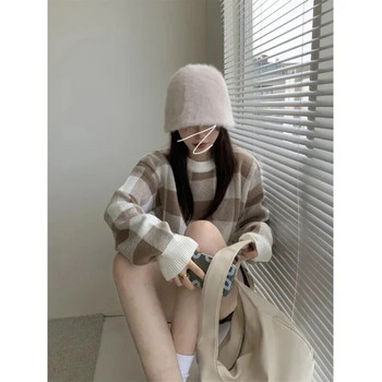 Скъсен пуловер Корейски пуловер с кариран печат в стил О-образно деколте Дамски прости сладки пуловери за жени Студентски пуловер