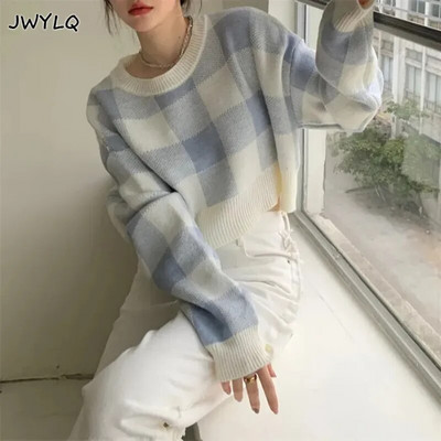 Cropped πουλόβερ Κορεάτικη καρό εκτύπωση με λαιμόκοψη Preppy στυλ πουλόβερ Γυναικεία πουλόβερ Απλά γλυκά πουλόβερ για γυναίκες Φοιτητικό πουλόβερ