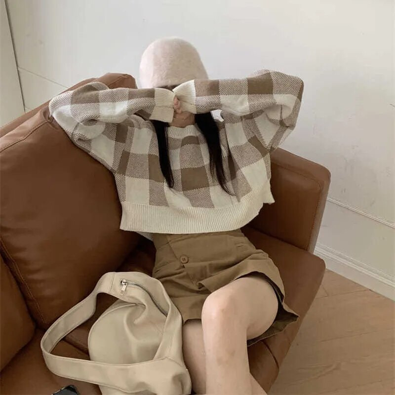Kärbitud kampsun Korea O-kaelusega ruuduline trükkimine Preppy Style Pullover Kampsun Naiste Lihtsad Sweet Kampsunid Naistele Üliõpilaskampsun
