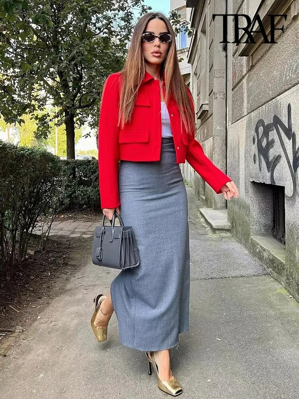 TRAF naistemood, klappidega Kärbitud bleisermantel Vintage pikkade varrukatega nööbiga Naiste ülerõivad šikid topid