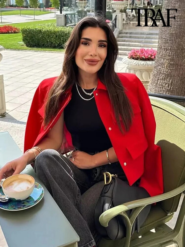 TRAF naistemood, klappidega Kärbitud bleisermantel Vintage pikkade varrukatega nööbiga Naiste ülerõivad šikid topid