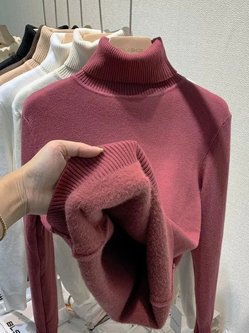 Зимен пуловер с висока яка, дамски елегантен, удебелен, подплатен с кадифе, топъл плетен пуловер Sueter, тънки горнища, джърси, трикотаж, джърси, нов