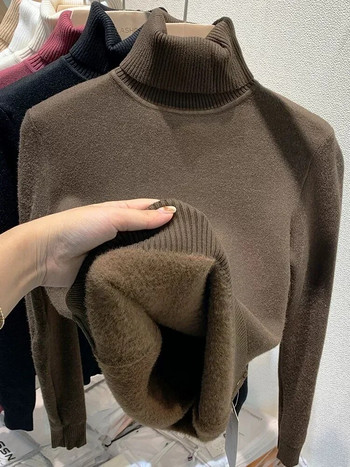 Зимен пуловер с висока яка, дамски елегантен, удебелен, подплатен с кадифе, топъл плетен пуловер Sueter, тънки горнища, джърси, трикотаж, джърси, нов
