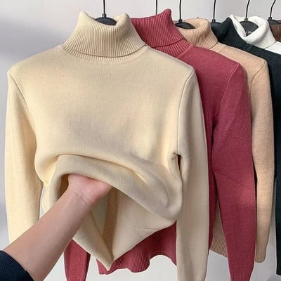 Zimski pulover s visokim ovratnikom Ženski elegantni topli pleteni pulover s podstavom od debljeg baršuna, uski majice, džersej, pleteni džemper Novo