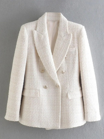 Zhuishu Γυναικείο μπουφάν Άνοιξη 2023 Traf Fashion Παλτό Tweed Blazer με διπλό στήθος Vintage μακρυμάνικο γυναικείο πανωφόρι κομψό τοπ