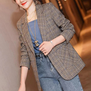 Модни джобове с копчета на ревера Корейски решетъчен блейзър Дамско облекло Есен 2023 Нови ежедневни горнища Свободни офис дамски блейзъри