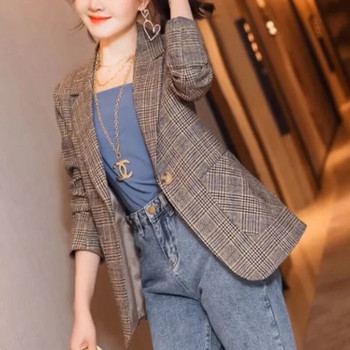 Модни джобове с копчета на ревера Корейски решетъчен блейзър Дамско облекло Есен 2023 Нови ежедневни горнища Свободни офис дамски блейзъри