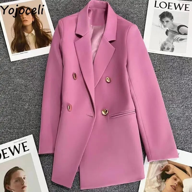 Yojoceli sügisene naiste taskuroosa bleiser Mood vabaaja kontorinaiste bleiser Must kaherinnaline sälguline krae topid ülerõivad