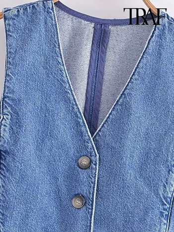 TRAF Дамска модна дънкова жилетка с предни копчета Vintage V-образно деколте без ръкави Дамско връхно облекло Chic Tops