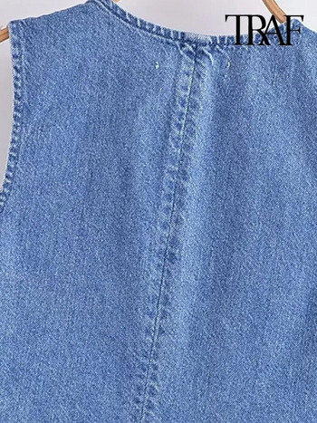TRAF Дамска модна дънкова жилетка с предни копчета Vintage V-образно деколте без ръкави Дамско връхно облекло Chic Tops