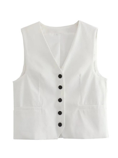 Willshela Vestă de modă solidă pentru femei, vestă cu un singur piept, vestă vintage cu decolteu în V, fără mâneci, maiuri șic pentru femei