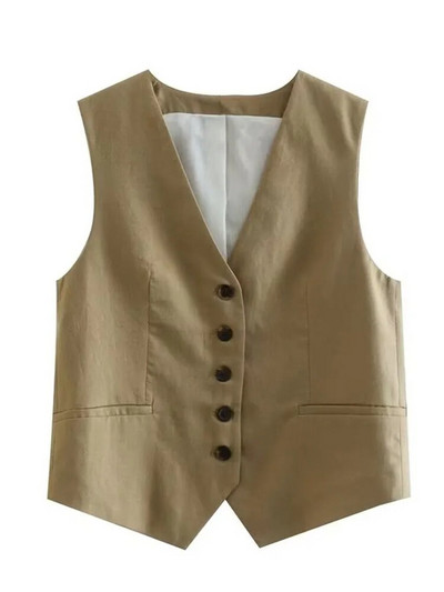 Willshela Vestă de modă solidă pentru femei, vestă cu un singur piept, vestă vintage cu decolteu în V, fără mâneci, maiuri șic pentru femei