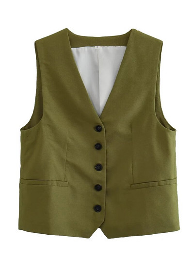 Willshela Vestă de modă solidă pentru femei, vestă cu un singur piept, vestă vintage cu decolteu în V, fără mâneci, maiuri șic pentru femei