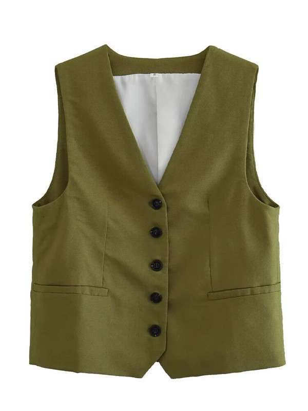 Willshela Vestă de modă solidă pentru femei, vestă cu un singur piept, vestă vintage cu decolteu în V, fără mâneci, maiuri șic pentru femei