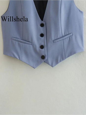 Дамска модна плътна едноредна жилетка Willshela, якета без ръкави, реколта, жилетка с V-образно деколте, женски шик дамски потници