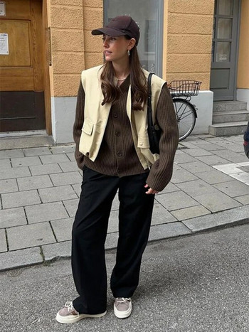 Γυναικείο γιλέκο αμάνικο με φερμουάρ με λαιμόκοψη 2023 Φθινόπωρο με κορδόνι με κορδόνι γυναικείο γιλέκο Casual Loose Streetwear All-match Jackets