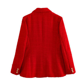 Γυναικεία κομψή υφή κοστούμι τουίντ με διπλό στήθος μακρυμάνικο μπουφάν τσέπης Γυναικείο μοντέρνο μπλουζάκι δρόμου