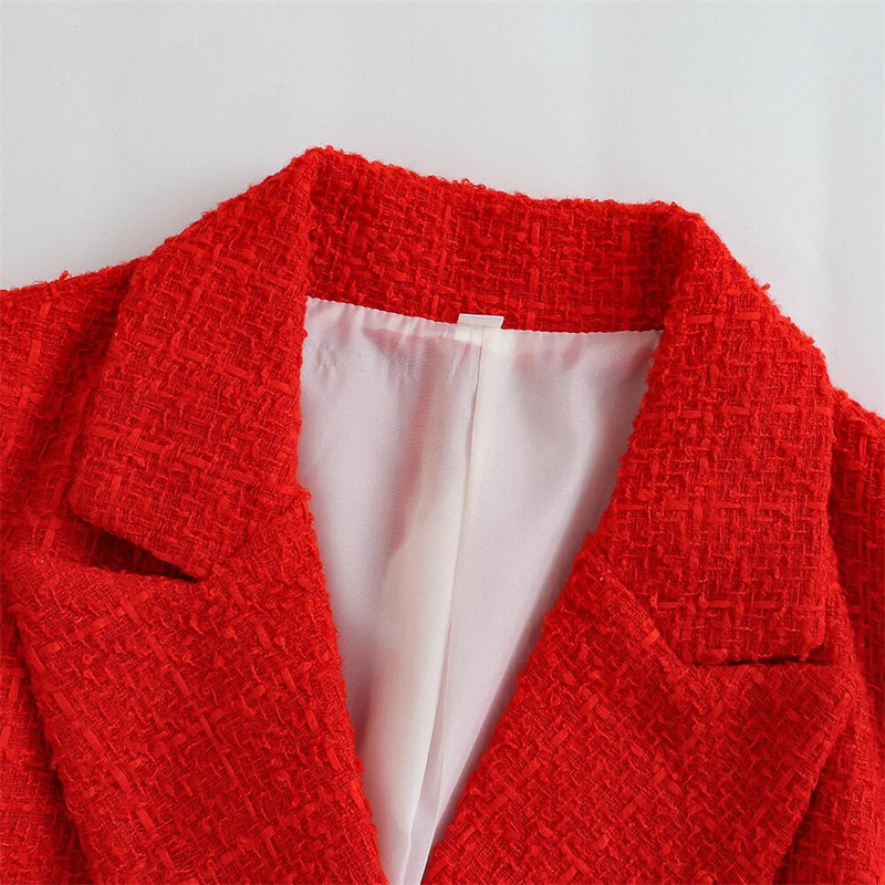 Elegantiškos tekstūros moteriškas dvigubas tvido kostiumas ilgomis rankovėmis kišeninė striukė Madinga moteriška gatvės viršūnė