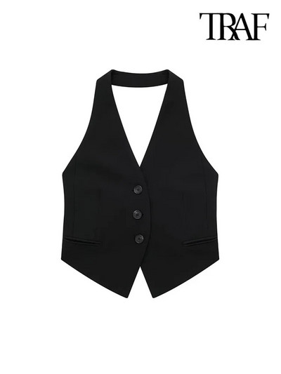 TRAF Дамска модна жилетка без гръб с деколте и секси дамско връхно облекло без ръкави с копчета и шикозни жилетки