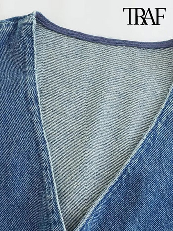 Γυναικείο τζιν γιλέκο μπροστινό μπροστινό κουμπάκι Vintage V λαιμόκοψη Αμάνικο γυναικείο πανωφόρι Κομψό φανελάκι
