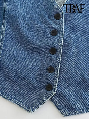 TRAF Дамска модна дънкова жилетка с предно копче Винтидж Дамско връхно облекло без ръкави с V-образно деколте Шикозни горнища с жилетка
