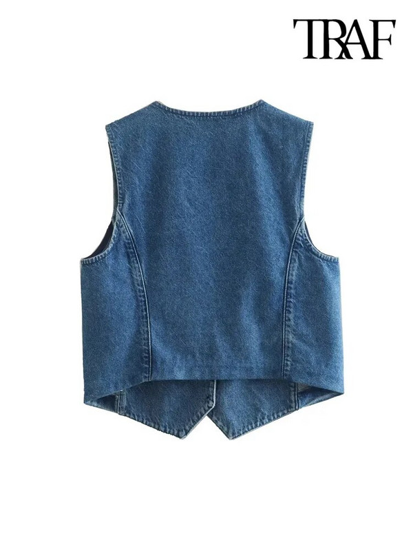 Γυναικείο τζιν γιλέκο μπροστινό μπροστινό κουμπάκι Vintage V λαιμόκοψη Αμάνικο γυναικείο πανωφόρι Κομψό φανελάκι