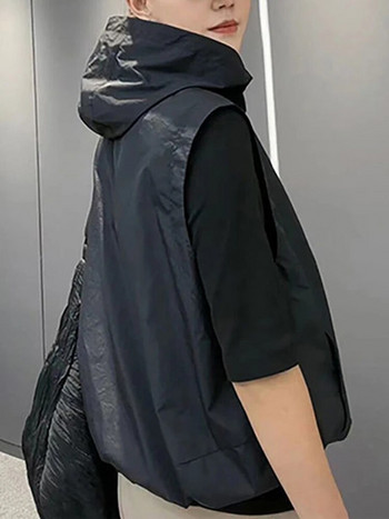 Casual μαύρα γιλέκα με κουκούλα Γυναικεία κομψά φαρδιά γιλέκα με φερμουάρ Γυναικεία Κορεάτικη μόδα Τσέπες με κορδόνια Λεπτά παλτό