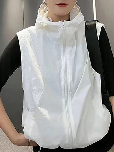 Casual μαύρα γιλέκα με κουκούλα Γυναικεία κομψά φαρδιά γιλέκα με φερμουάρ Γυναικεία Κορεάτικη μόδα Τσέπες με κορδόνια Λεπτά παλτό