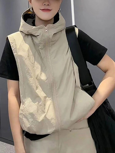 Casual μαύρα γιλέκα με κουκούλα Γυναικεία κομψά φαρδιά γιλέκα με φερμουάρ Γυναικεία Κορεάτικη μόδα Τσέπες με κορδόνια Λεπτά παλτό