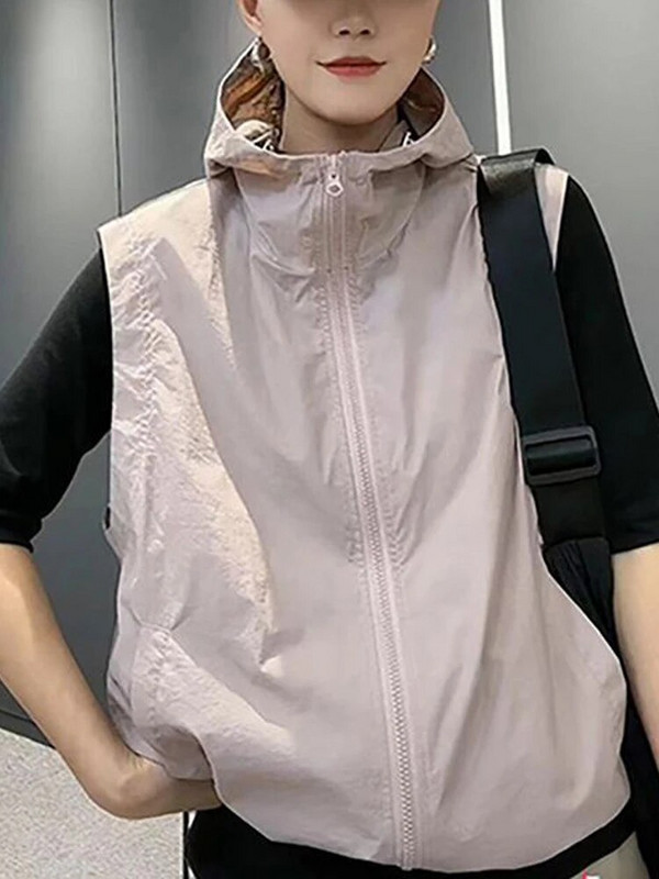 Casual μαύρα γιλέκα με κουκούλα Γυναικεία κομψά φαρδιά γιλέκα με φερμουάρ Γυναικεία Κορεάτικη μόδα Τσέπες με κορδόνια Λεπτά παλτό