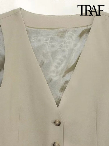 TRAF Дамска модна скъсена вталена жилетка с предно копче Винтидж Връхни дрехи без ръкави с V-образно деколте Елегантни горнища с жилетка