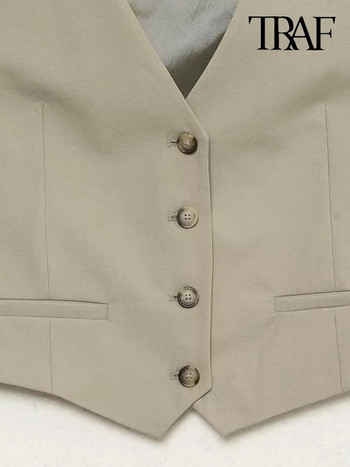 TRAF Дамска модна скъсена вталена жилетка с предно копче Винтидж Връхни дрехи без ръкави с V-образно деколте Елегантни горнища с жилетка