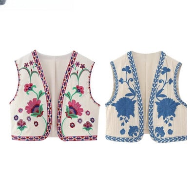 Vestă de damă, vintage, cu broderie florală, deschisă, în stil național, jachetă, ținute, crop top de vacanță