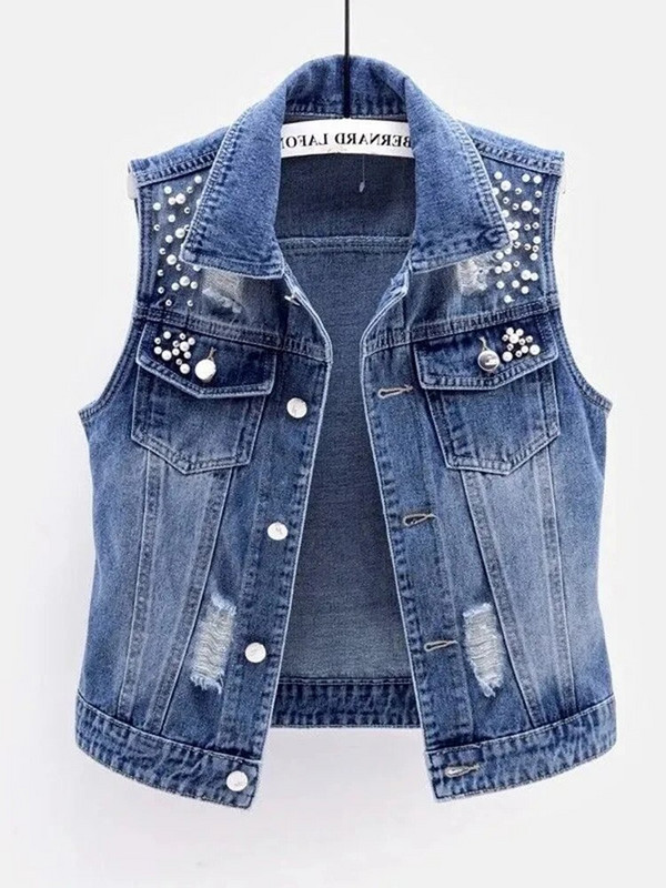 Uus Denim Naiste Vest Luksuslikud Pärlid Mood Rebenenud Sügisteksad Jope Varrukateta Avar lühike mantel põhjuslikud vestid 5XL