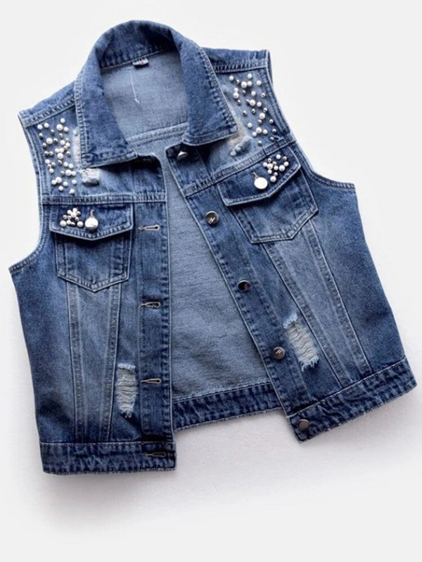 Uus Denim Naiste Vest Luksuslikud Pärlid Mood Rebenenud Sügisteksad Jope Varrukateta Avar lühike mantel põhjuslikud vestid 5XL