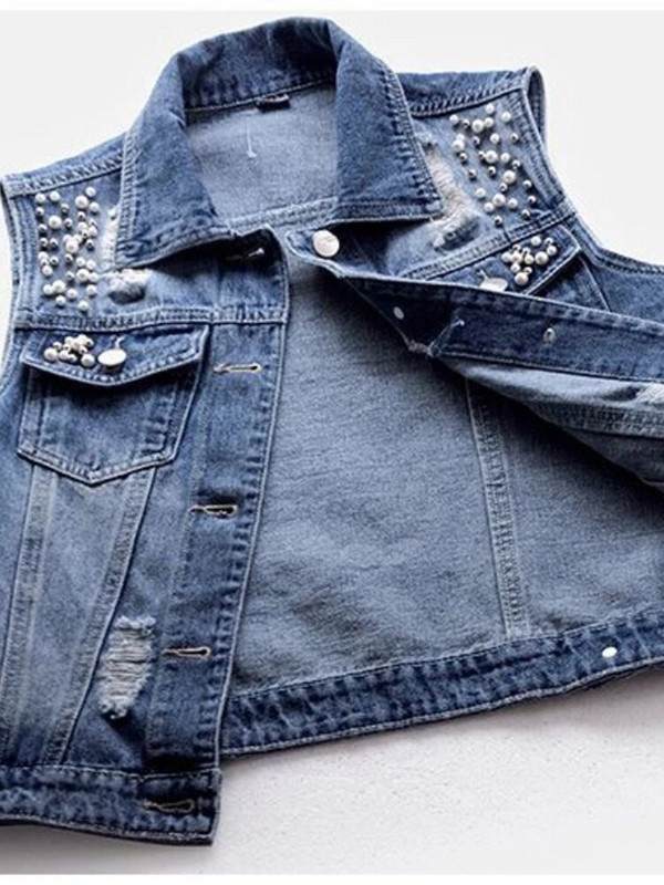 Uus Denim Naiste Vest Luksuslikud Pärlid Mood Rebenenud Sügisteksad Jope Varrukateta Avar lühike mantel põhjuslikud vestid 5XL