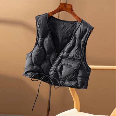 Korea udupuuvillane vestiga jope naiste V-kaelusega, varrukateta vaba vabaaja vintage kerge sulemantel 2023. aasta sügistalv topid