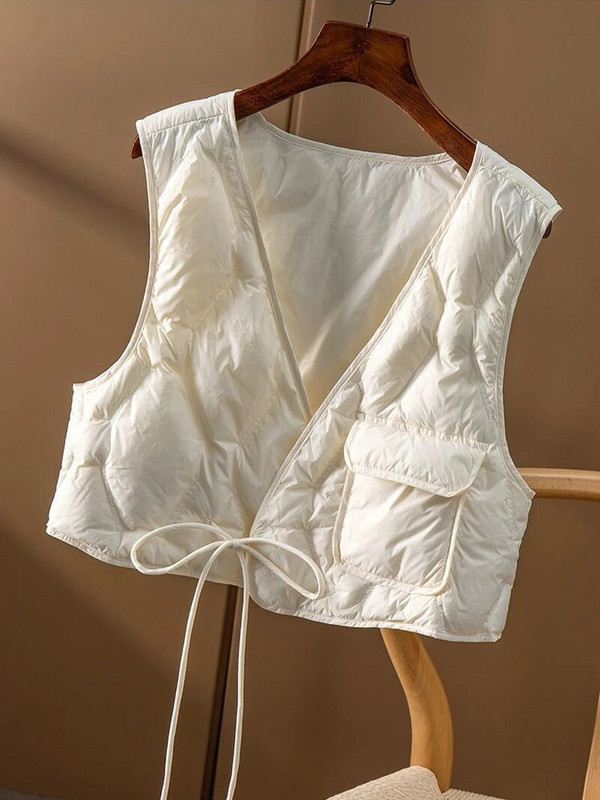 Korea udupuuvillane vestiga jope naiste V-kaelusega, varrukateta vaba vabaaja vintage kerge sulemantel 2023. aasta sügistalv topid