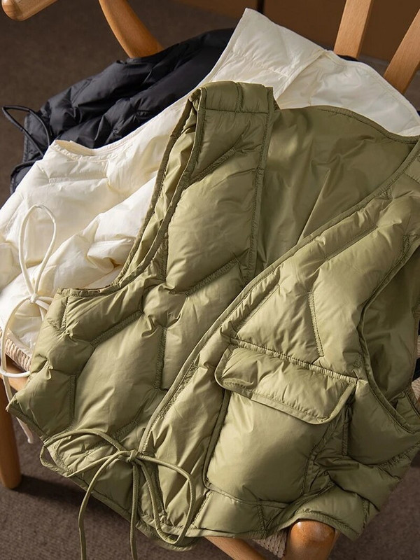 Korea udupuuvillane vestiga jope naiste V-kaelusega, varrukateta vaba vabaaja vintage kerge sulemantel 2023. aasta sügistalv topid