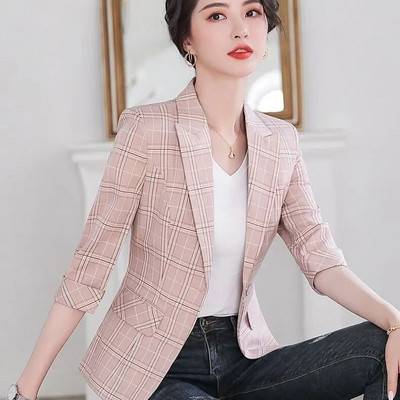 Μικρό κοστούμι παλτό Γυναικείο μικρό κοστούμι Γυναικείο λεπτό ροζ κοστούμι Μικρό δυτικό στυλ καρό casual