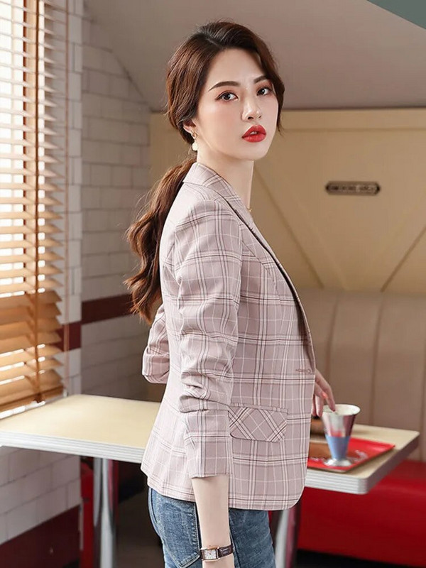 Μικρό κοστούμι παλτό Γυναικείο μικρό κοστούμι Γυναικείο λεπτό ροζ κοστούμι Μικρό δυτικό στυλ καρό casual