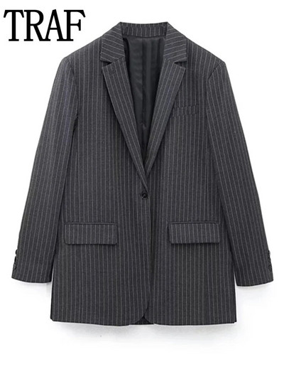 TRAF naiste triibuline jakk, 2022. aasta sügistalvine ülisuur naiste bleiser, pikkade varrukatega naiste bleiser, vabaaja bleiser